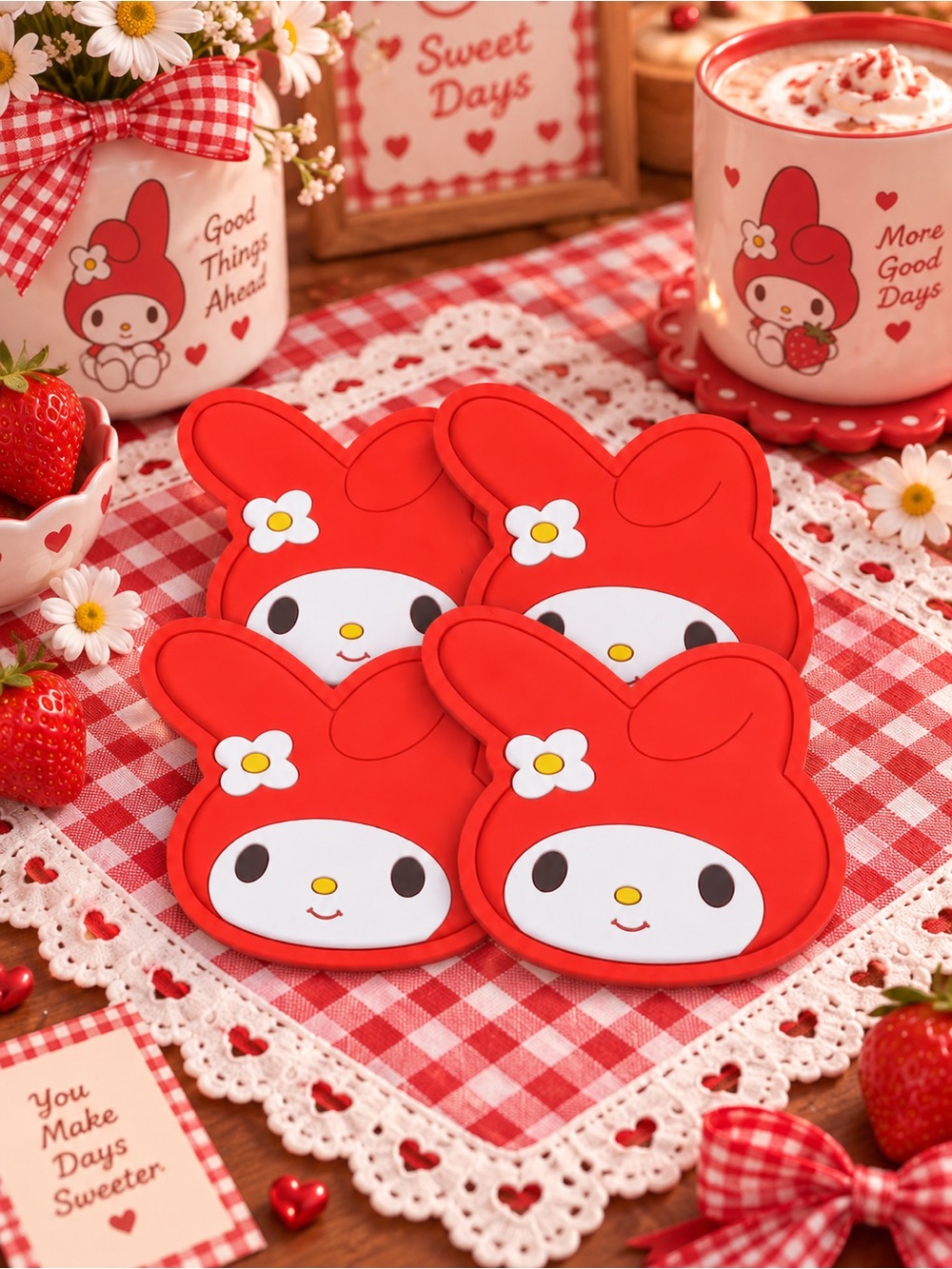 My Melody Set of 4 Red Silicone Drink Coasters Table Decor